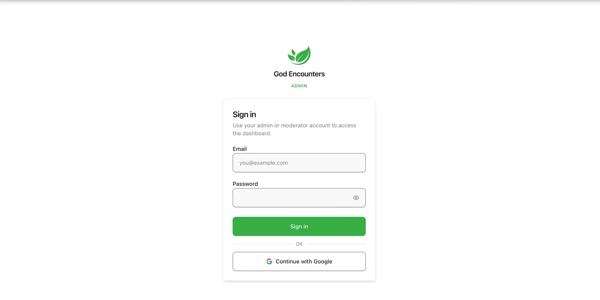 God Encounters dashboard login screen