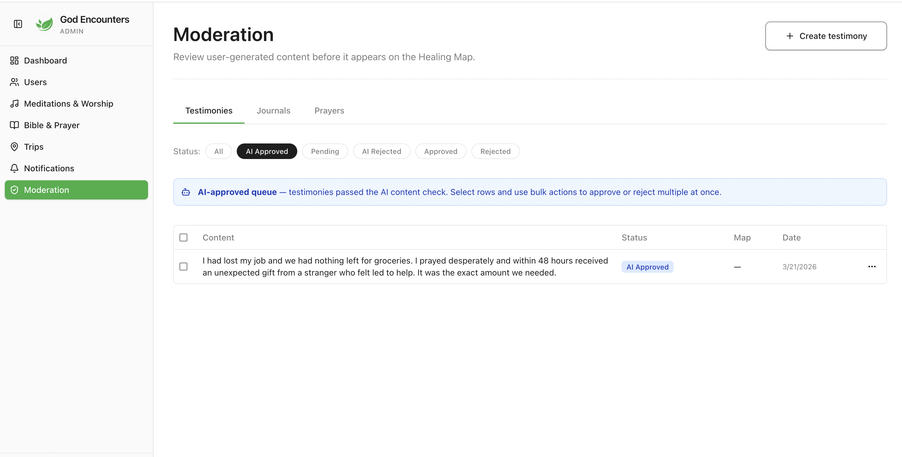 God Encounters dashboard screen 2