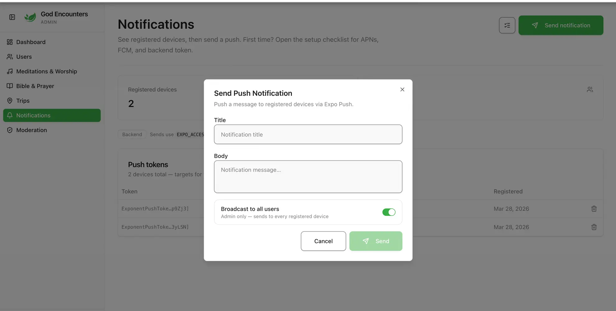 God Encounters admin dashboard analytics screen